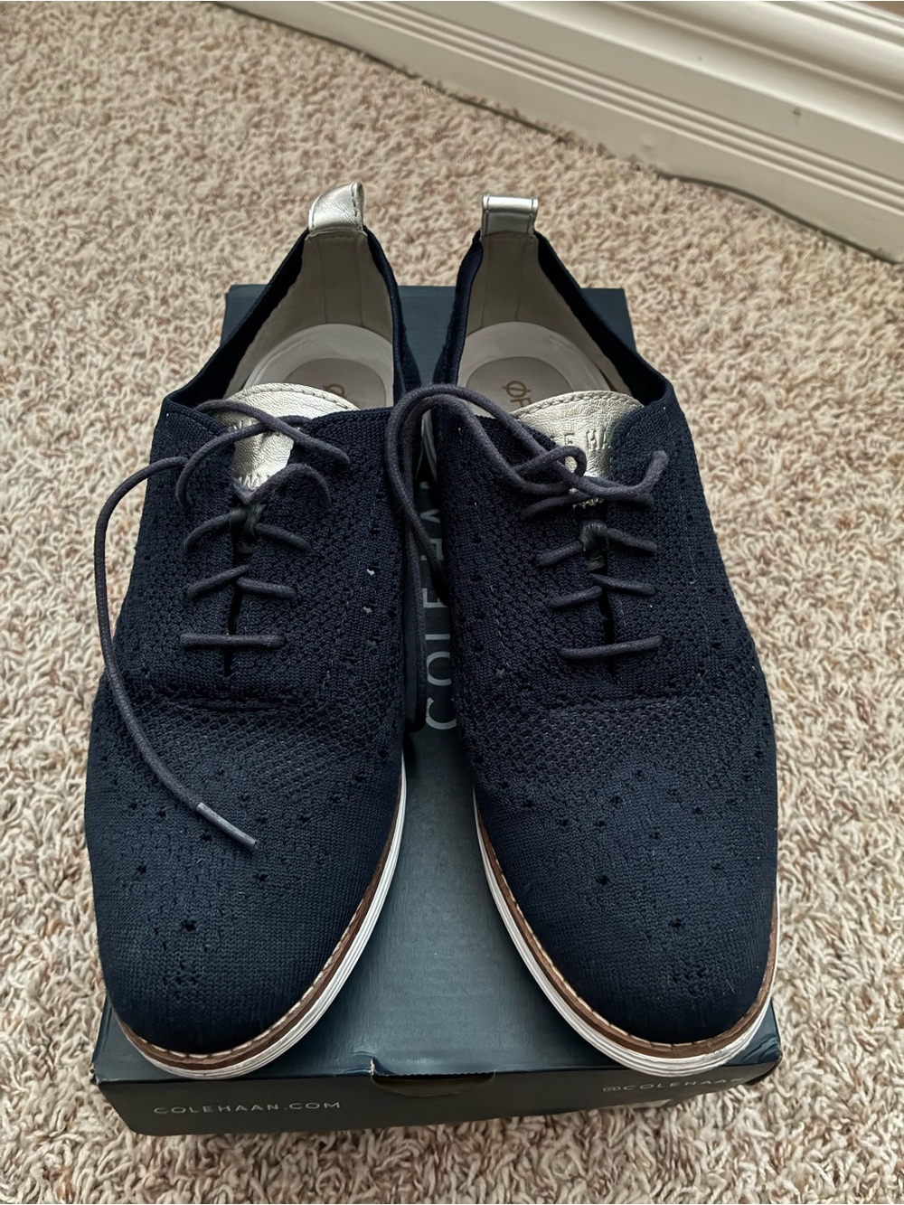 Cole Haan Women's Navy Knit Lace-Up Oxford with White Trim